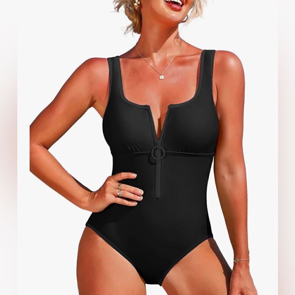 Charmo Women's One Piece Swimsuit Zipper Front Square Round Neck Monokini Small
